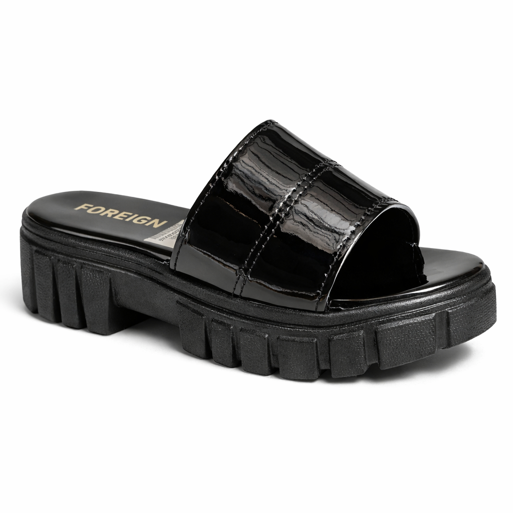 Chunky Platform Slide Sandals with Glossy Upper